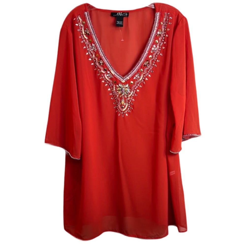 NWOT Midnight Velvet Sz 2X Red Embellished Bell Sleeve Tunic‎
